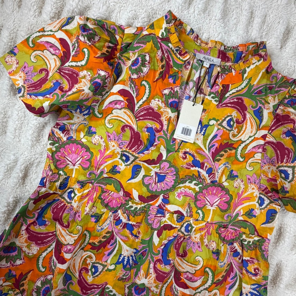 Avara Paisley Floral Tiered Mini Dress Cotton Puff Sleeve Multicolor Large NWT